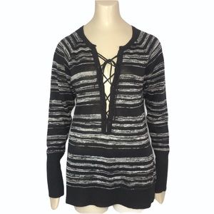 NWT Chaser  space dye lace front linen sweater black white sz small